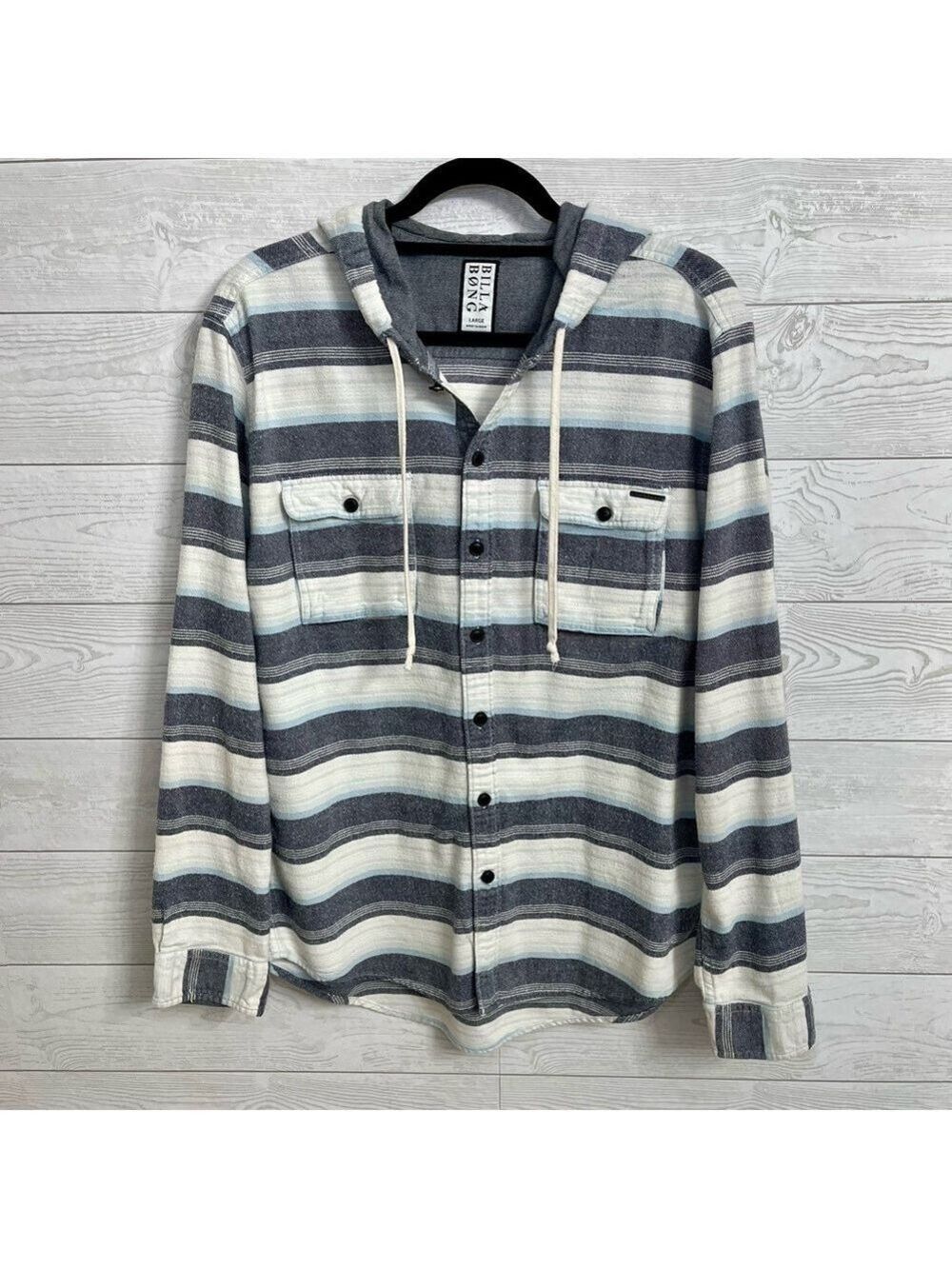 Billabong Men’s Blue Striped Flannel Long Sleeve Button Down Hoodie. Size L